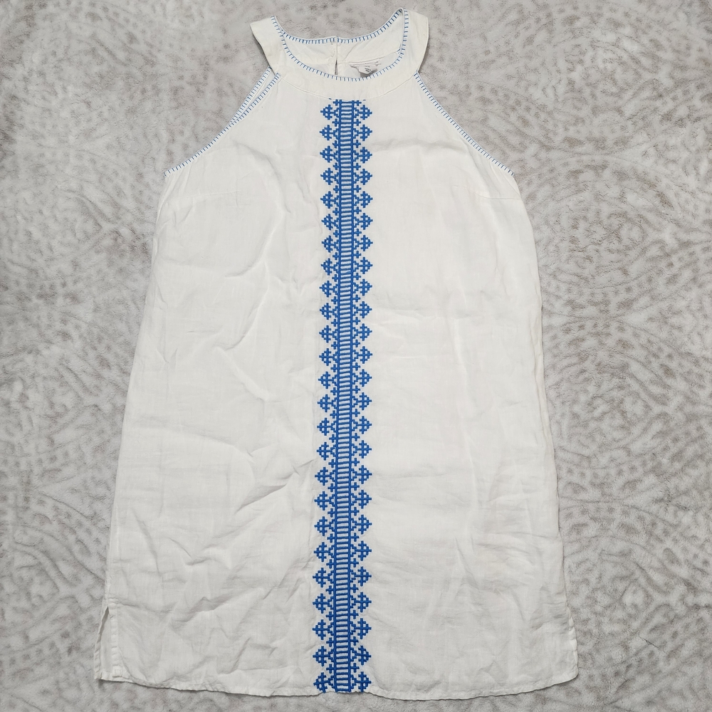 Lucky Brand 100% Linen Halter Dress Size M Embroidered White And Blue - Picture 2 of 16